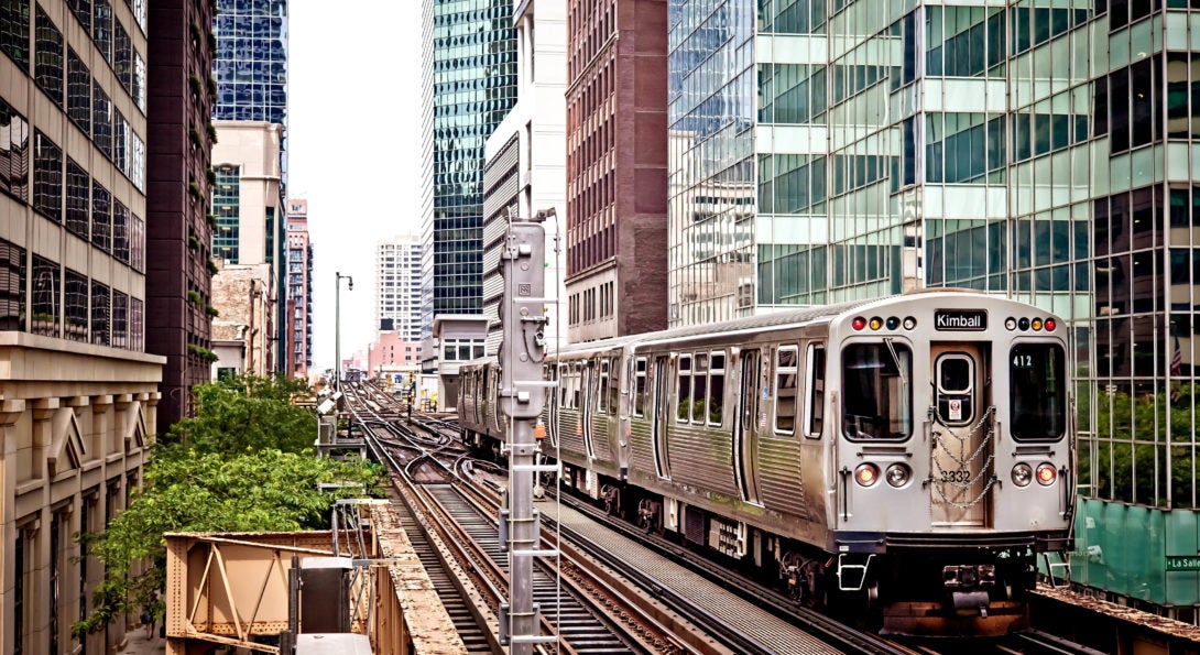 Brown line train in the Chicago Loop