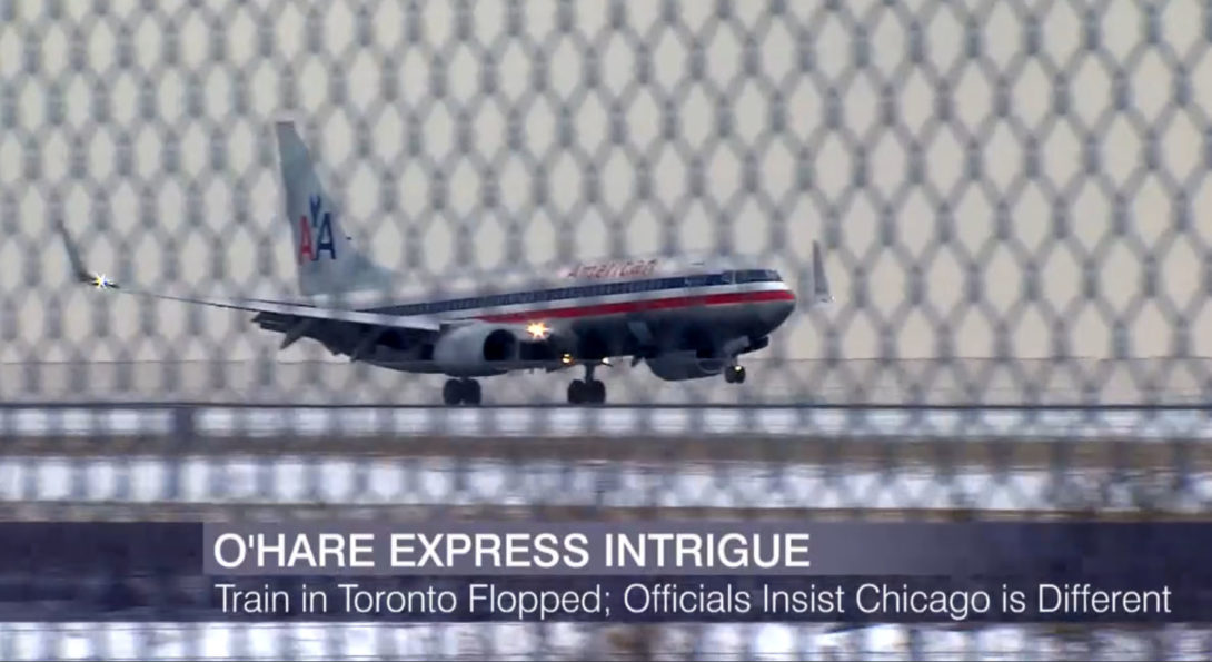 Plane takes off at O'Hare with caption O'Hare Express Intrigue