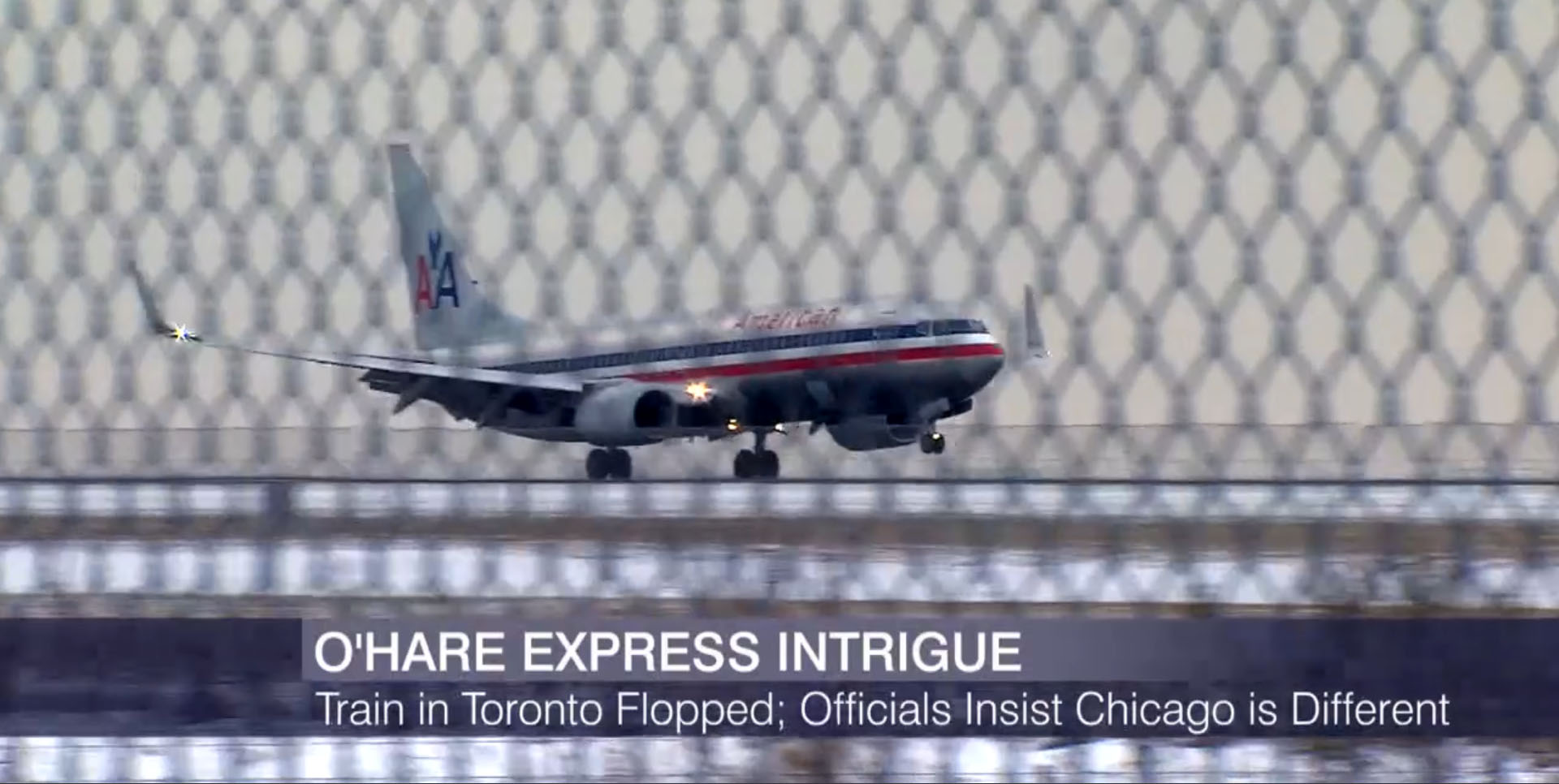 Plane takes off at O'Hare with caption O'Hare Express Intrigue
                  