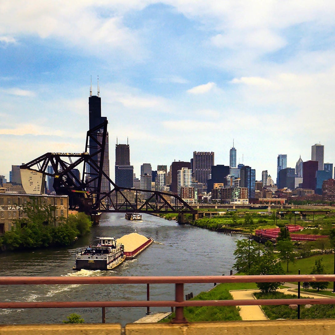 The Chicago River from the south of the city with the city skyline and Sears Tower in the background.