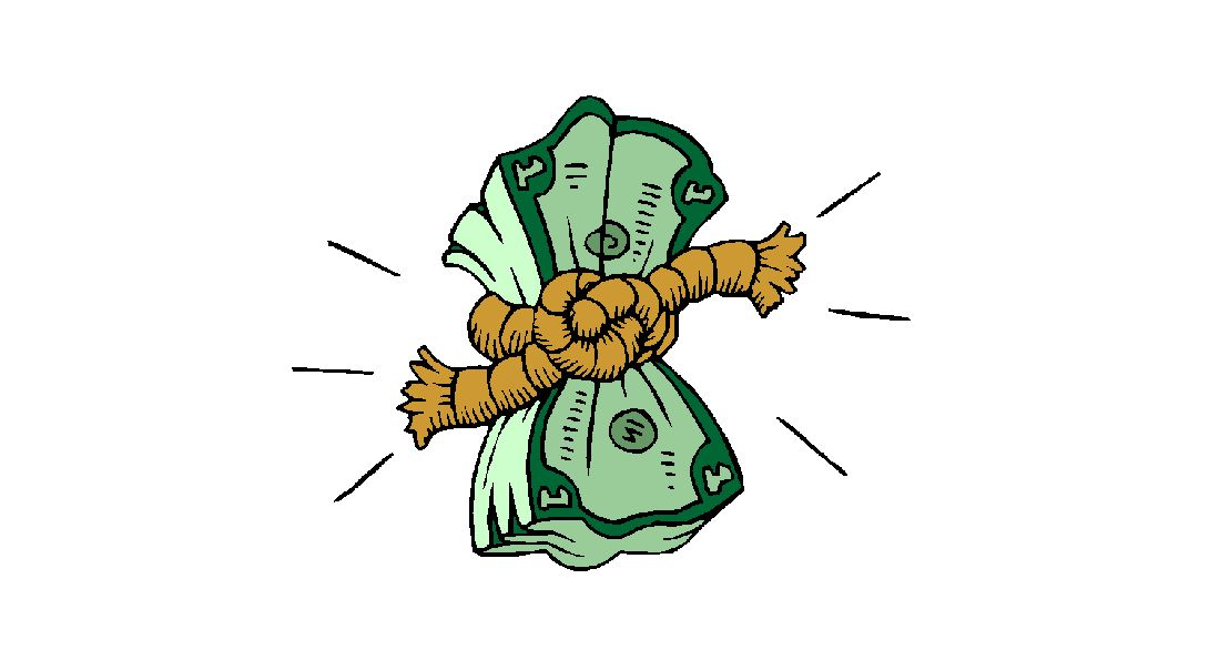 Cartoon image of dollar bill being squeezed by a rope