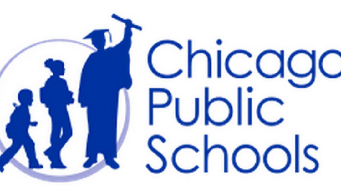 graphic of three students of graduated height and the Chicago Public Schools text logo