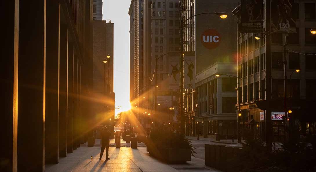 The sun rises during the second day of spring on Sunday, March 21, 2021 at the University of Illinois Chicago School of Law.