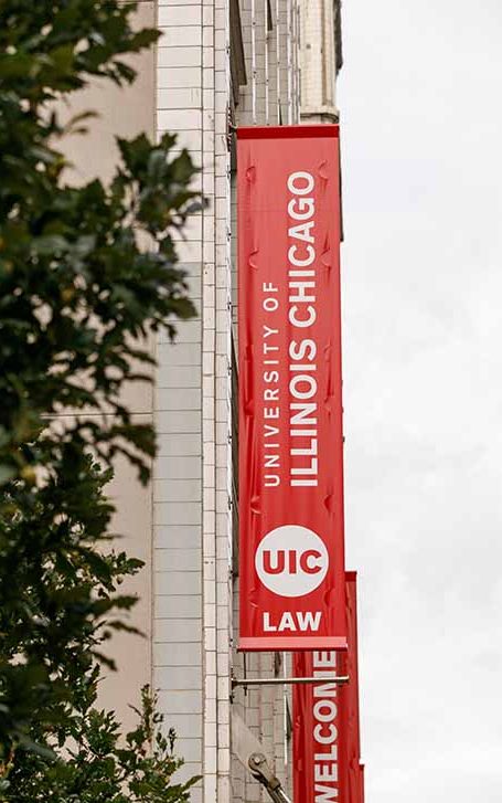 UIC Law School Street Banner on the Law School Building in downtown Chicago.