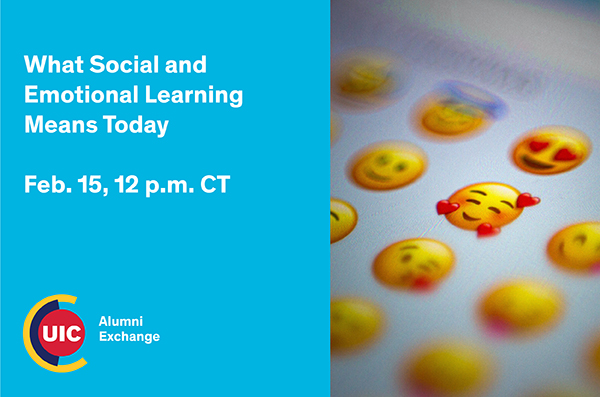 What Social and Emotional Learning Means Today. February 15, 12 p.m. CT. Title and date of the event next to a background of emojis.