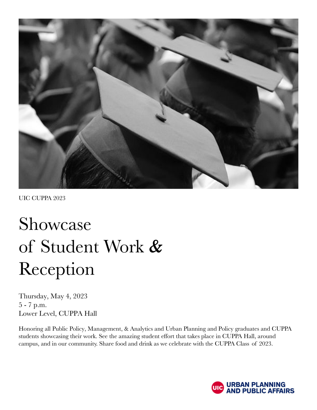 Poster marketing the Showcase with photo of graduation caps.