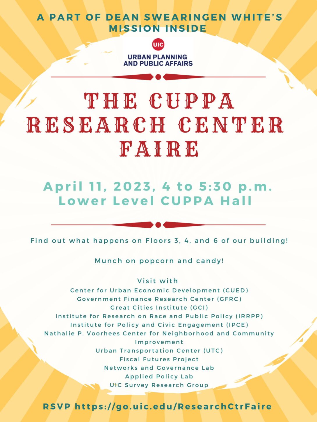 Poster for the CUPPA Research Center Faire with RSVP information https://go.uic.edu/ResearchCtrFaire