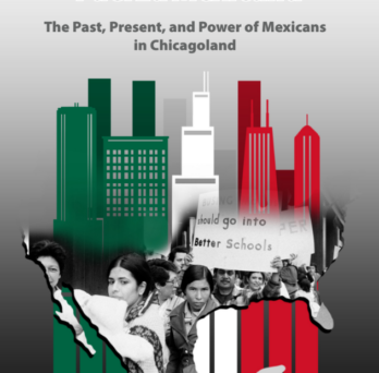 Report cover featuring a green, red, and white city scape of buildings, behind an image of people in the shape of Mexico. 