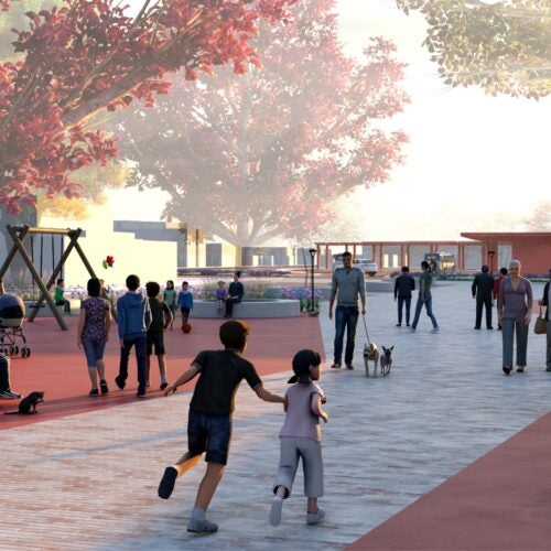 A computer illustration of an outdoor community park like area with people walking on trails and sitting on cement benches on a fall day.