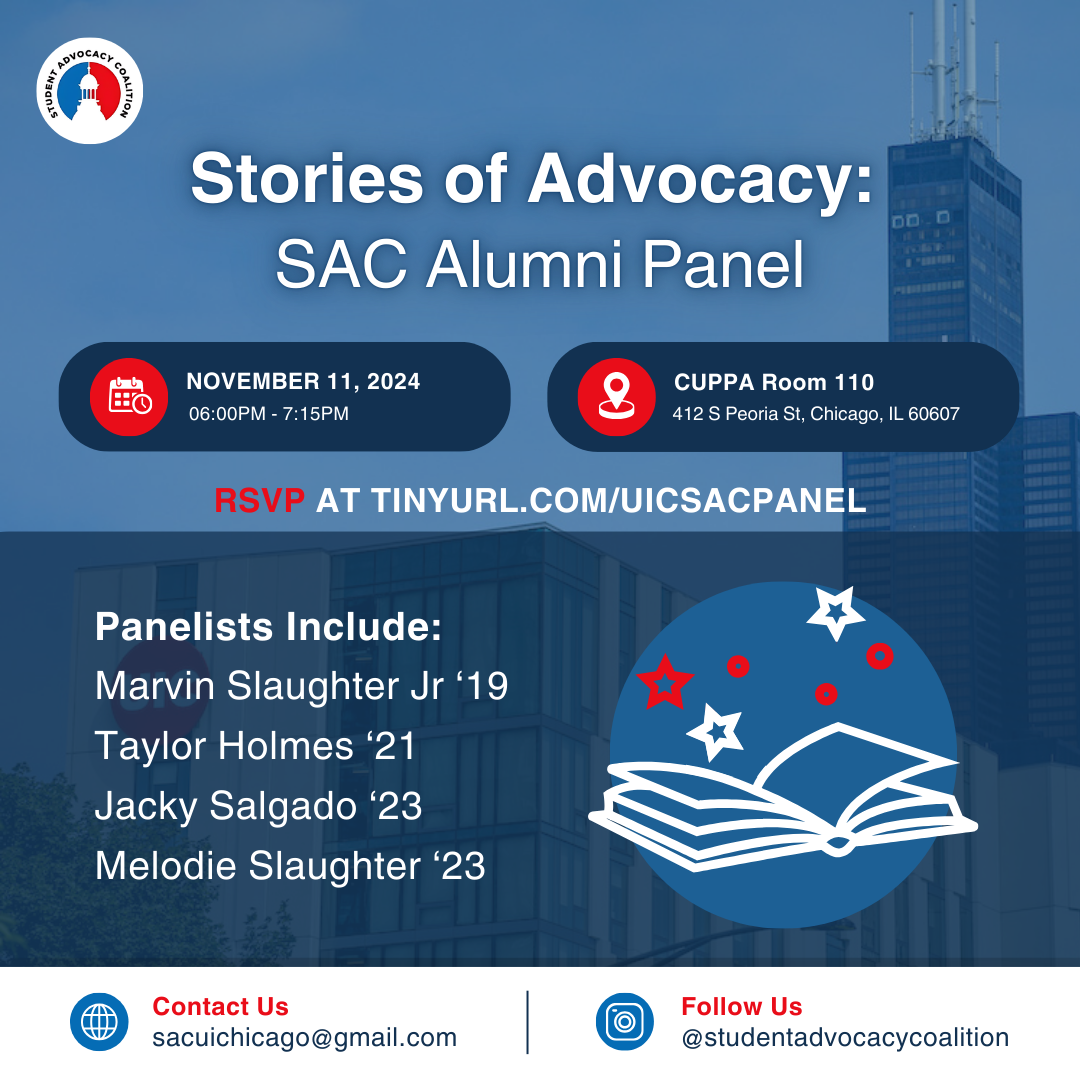 blue poster with screen images of the Sears Tower in Chicago and an image of an open book.