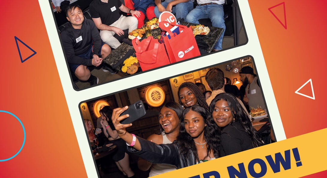 Red graphic of three photo strips of students at parties posing for selfies.